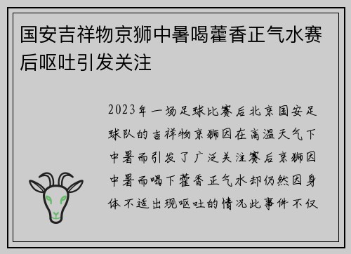 国安吉祥物京狮中暑喝藿香正气水赛后呕吐引发关注